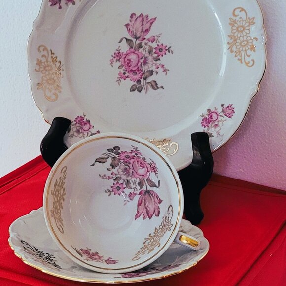 Bareuther Bavaria Pink Rose Design Set Cup Saucer Plate Back-stamp 1931-1950 - Picture 5 of 10